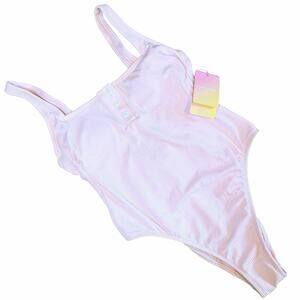 Stoney Clover Lane Ribbed Pink One Piece Swimsuit Medium 8-10 Heart Buttons